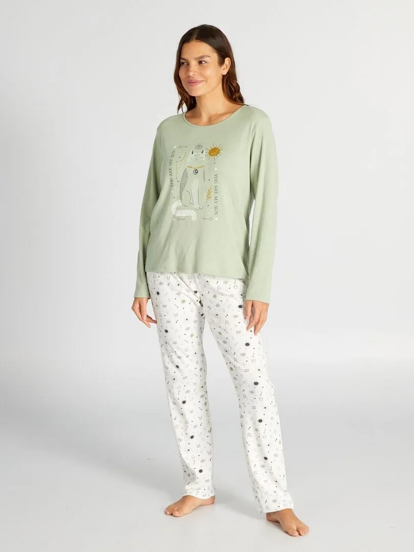 CONJUNTO DE PIJAMA LARGO CAMISETA + PANTALóN DE PUNTO  2 PIEZAS  VERDE